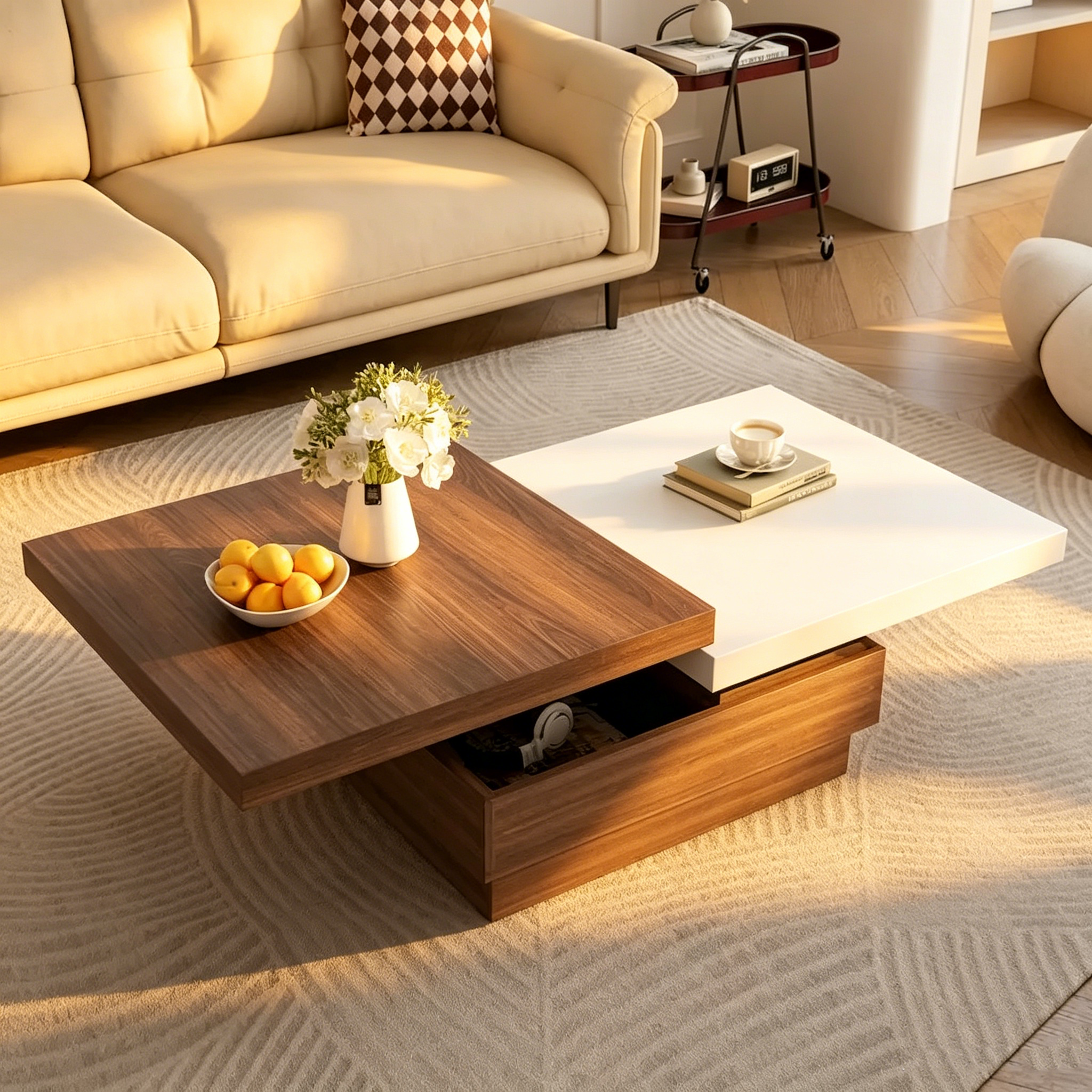 Table basse pivotante, Table basse carrée moderne avec motif grain de bois et 1 espace de rangement caché pour salon