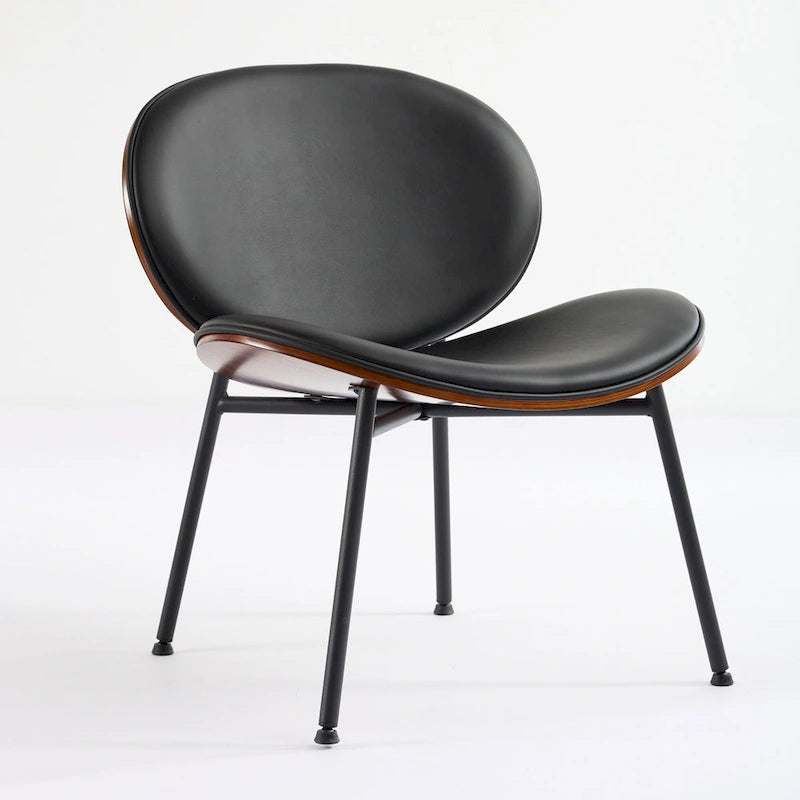 Fauteuil coquille chaise simple trépied en cuir noir fauteuil de salon finition noyer dossier confortable, couleur noire