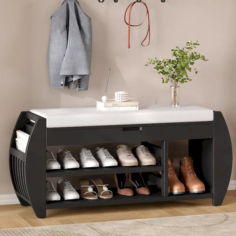 Banc de rangement multifonctionnel avec coussin et panneau latéral courbé pour l'entrée et le salon