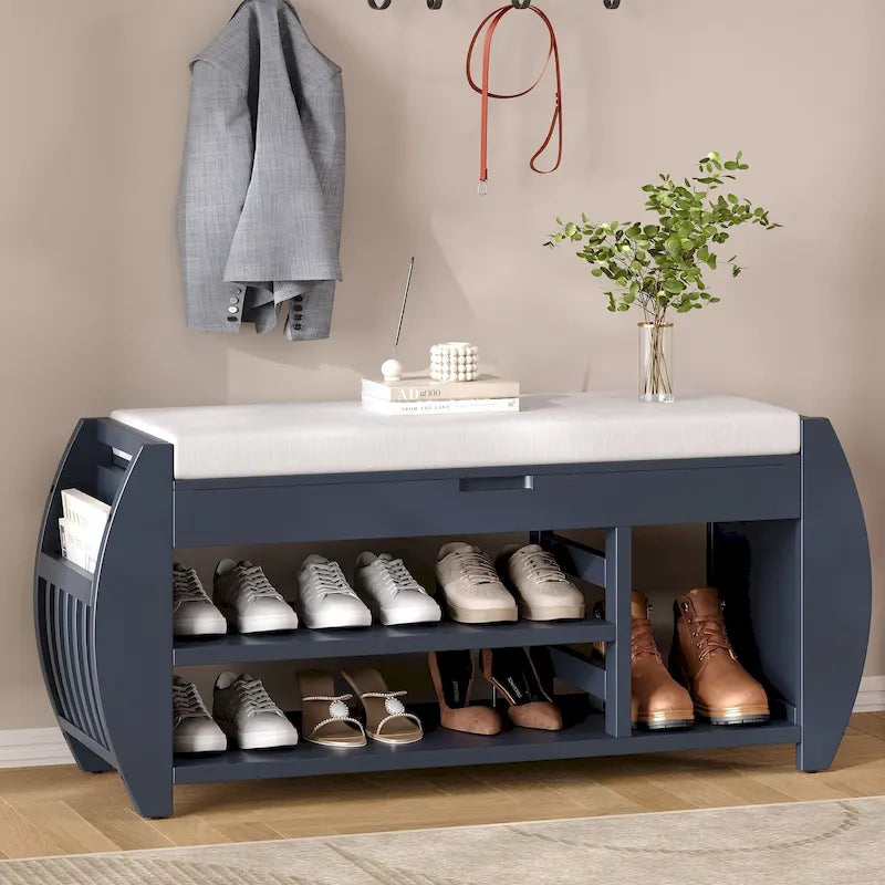 Banc de rangement multifonctionnel avec coussin et panneau latéral courbé pour l'entrée et le salon