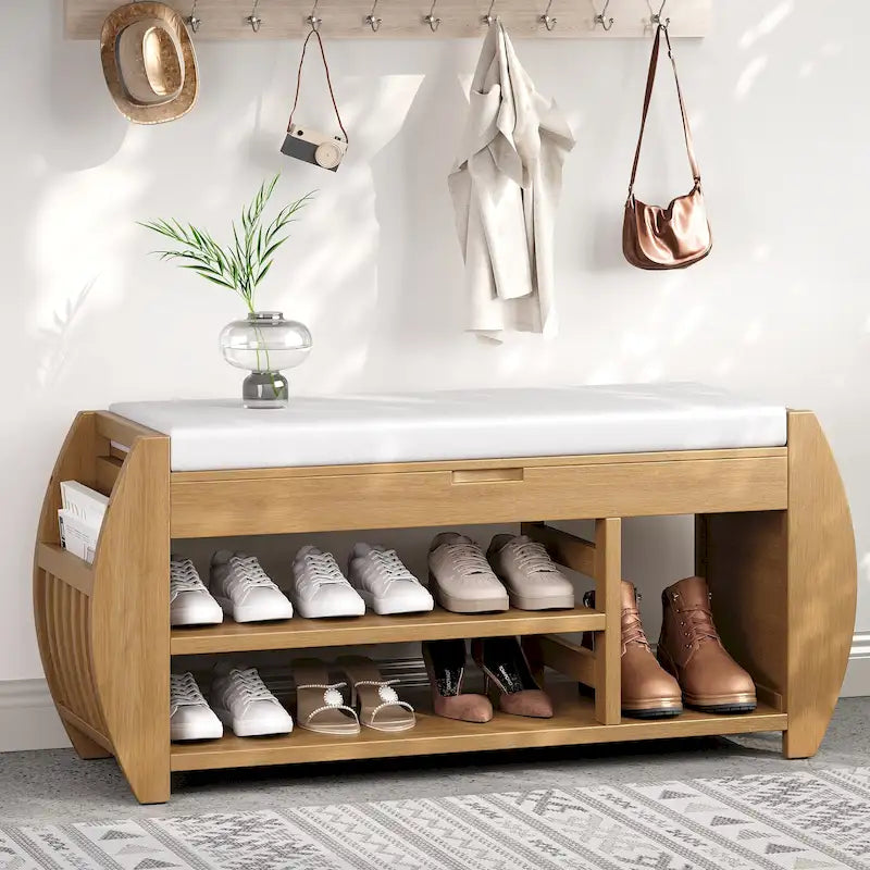Banc de rangement multifonctionnel avec coussin et panneau latéral courbé pour l'entrée et le salon