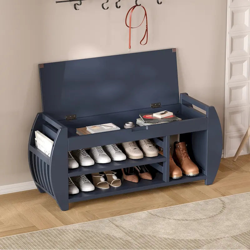 Banc de rangement multifonctionnel avec coussin et panneau latéral courbé pour l'entrée et le salon