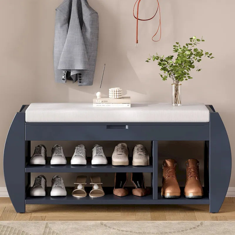 Banc de rangement multifonctionnel avec coussin et panneau latéral courbé pour l'entrée et le salon