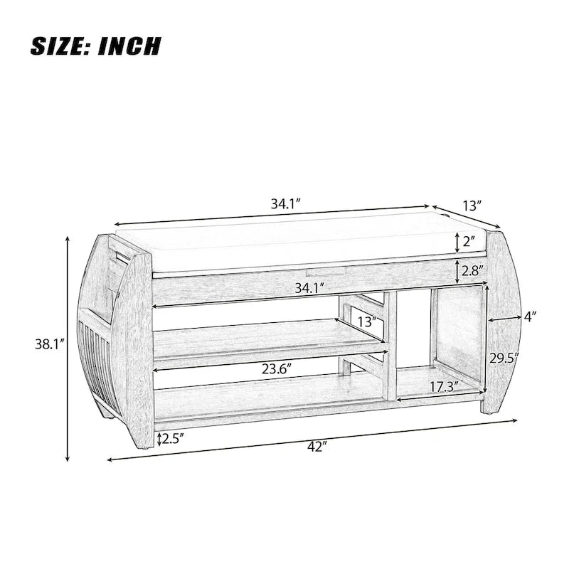 Banc de rangement multifonctionnel avec coussin et panneau latéral courbé pour l'entrée et le salon