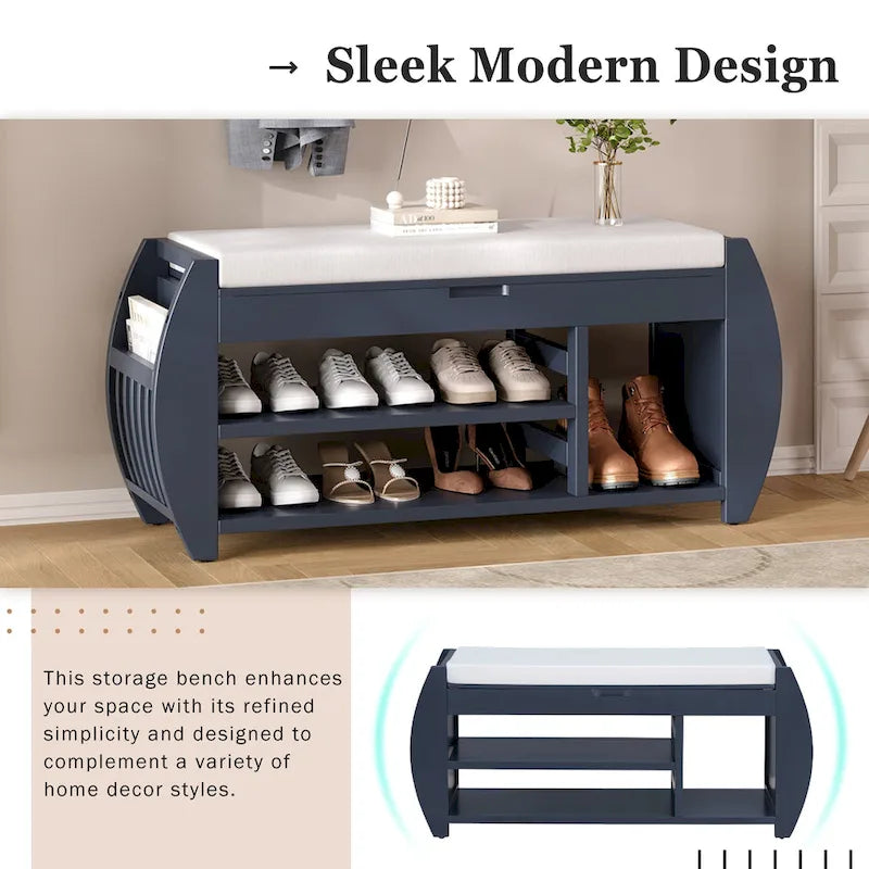 Banc de rangement multifonctionnel avec coussin et panneau latéral courbé pour l'entrée et le salon
