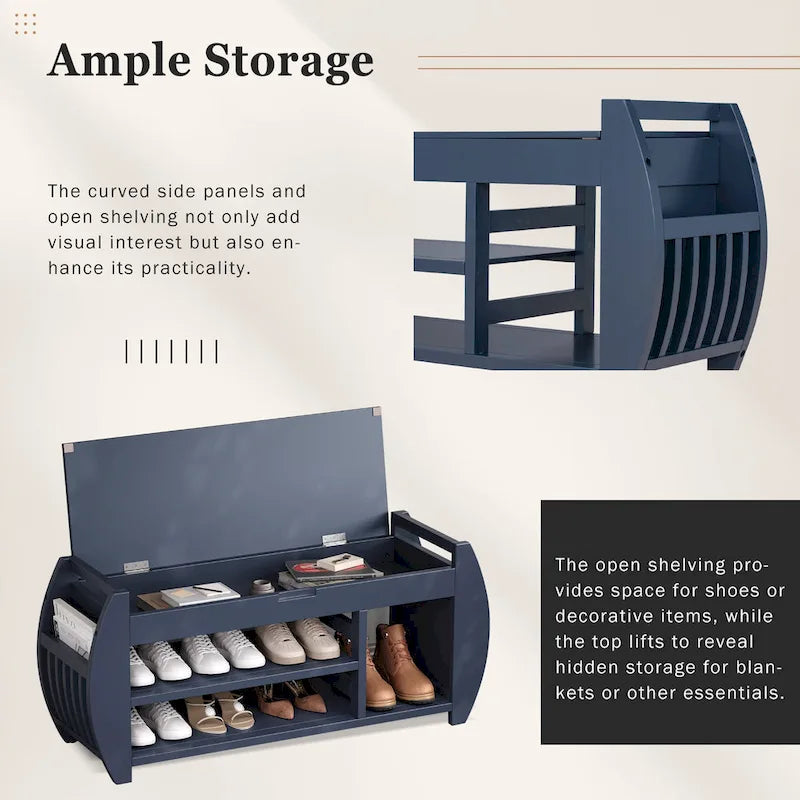Banc de rangement multifonctionnel avec coussin et panneau latéral courbé pour l'entrée et le salon