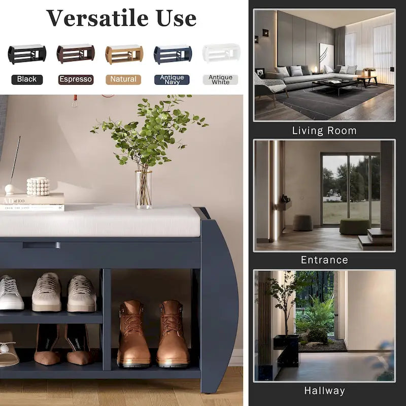 Banc de rangement multifonctionnel avec coussin et panneau latéral courbé pour l'entrée et le salon