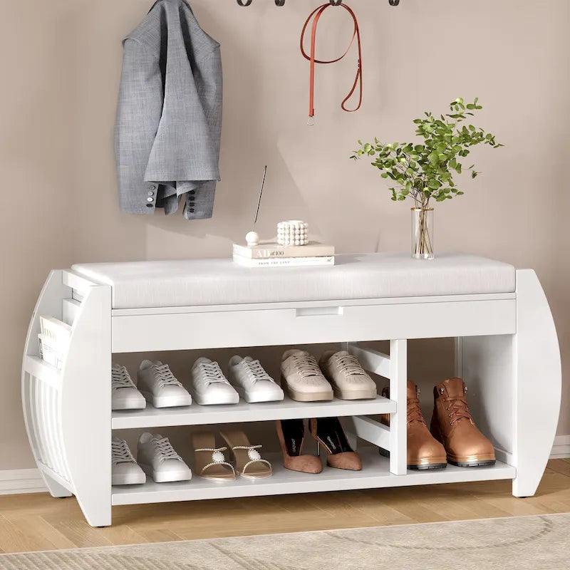 Banc de rangement multifonctionnel avec coussin et panneau latéral courbé pour l'entrée et le salon