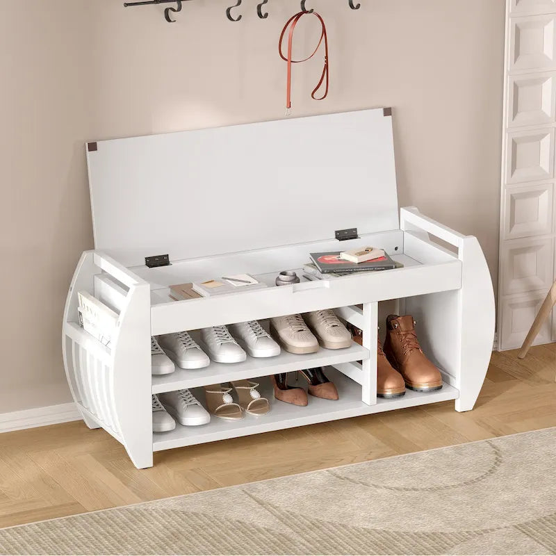 Banc de rangement multifonctionnel avec coussin et panneau latéral courbé pour l'entrée et le salon