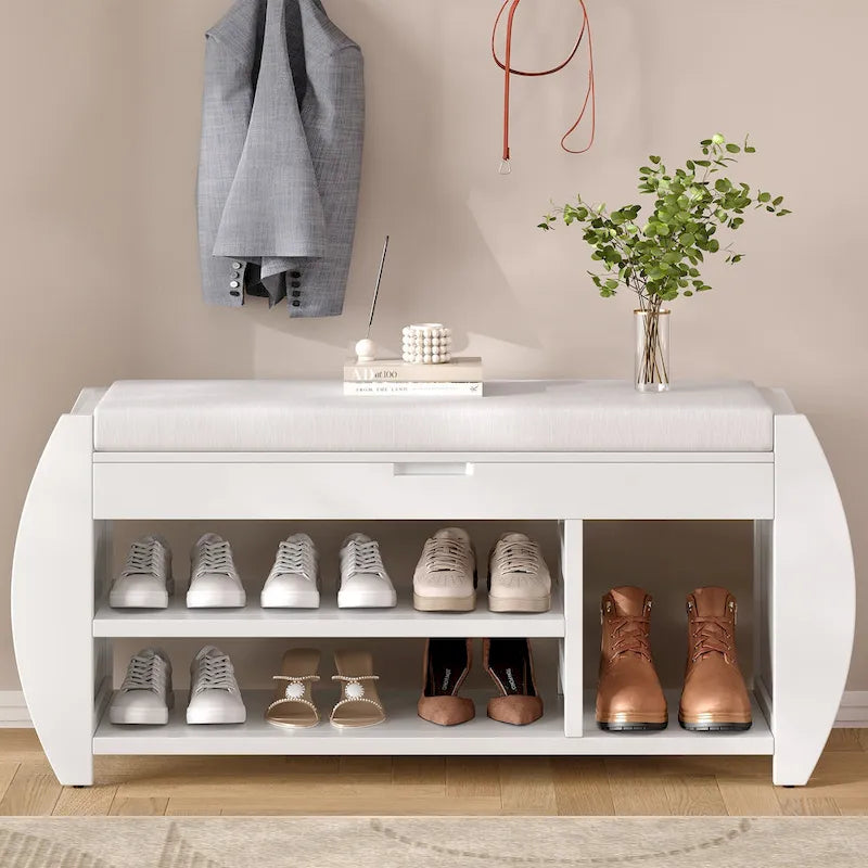 Banc de rangement multifonctionnel avec coussin et panneau latéral courbé pour l'entrée et le salon