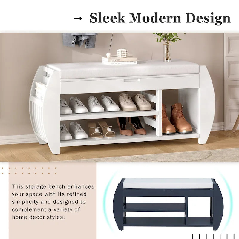 Banc de rangement multifonctionnel avec coussin et panneau latéral courbé pour l'entrée et le salon