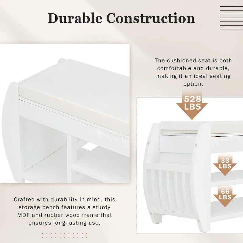Banc de rangement multifonctionnel avec coussin et panneau latéral courbé pour l'entrée et le salon