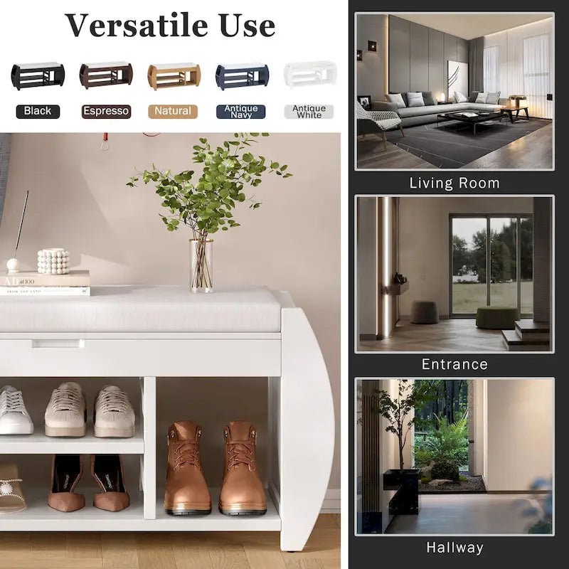 Banc de rangement multifonctionnel avec coussin et panneau latéral courbé pour l'entrée et le salon