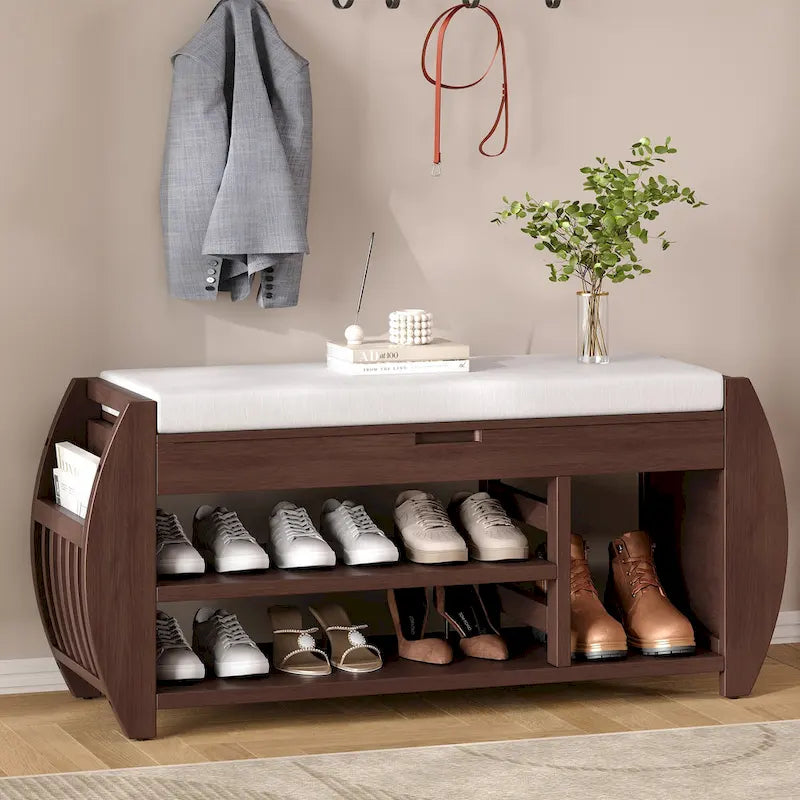 Banc de rangement multifonctionnel avec coussin et panneau latéral courbé pour l'entrée et le salon