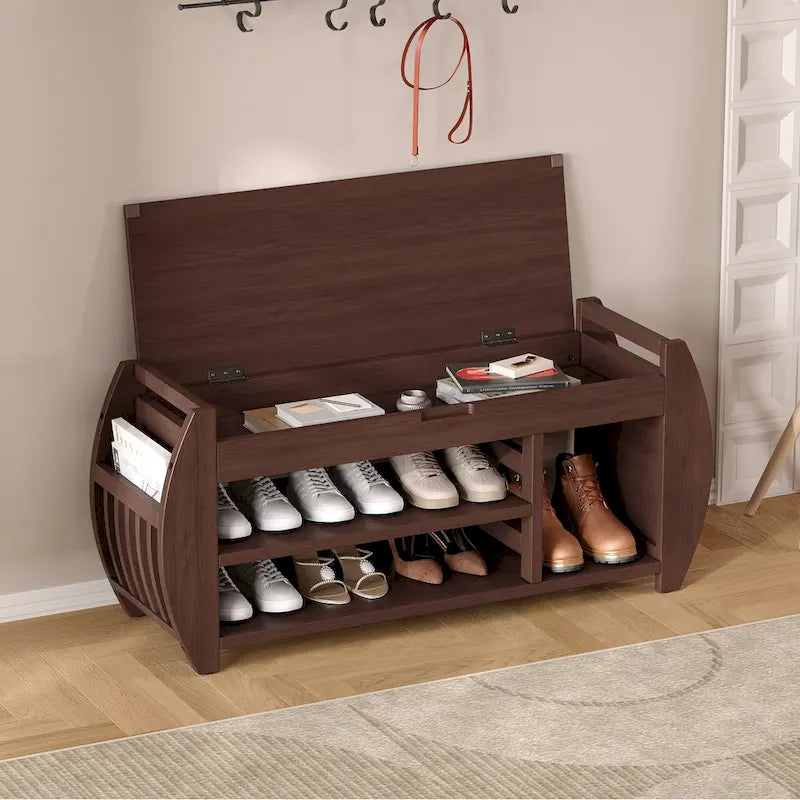 Banc de rangement multifonctionnel avec coussin et panneau latéral courbé pour l'entrée et le salon