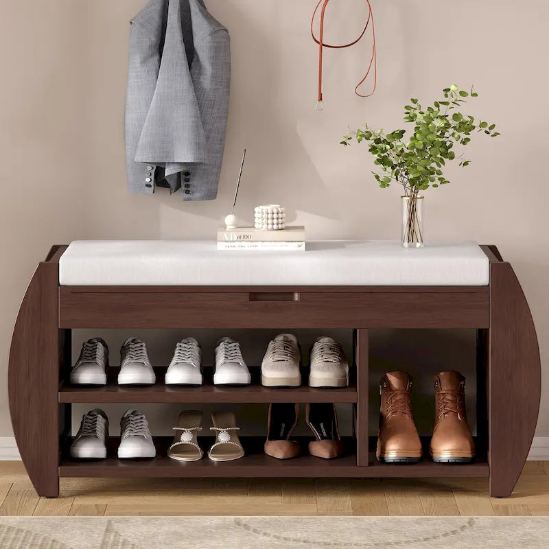 Banc de rangement multifonctionnel avec coussin et panneau latéral courbé pour l'entrée et le salon