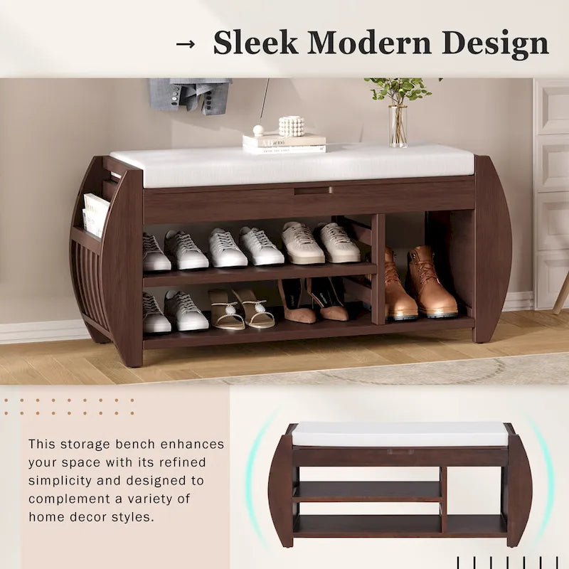 Banc de rangement multifonctionnel avec coussin et panneau latéral courbé pour l'entrée et le salon