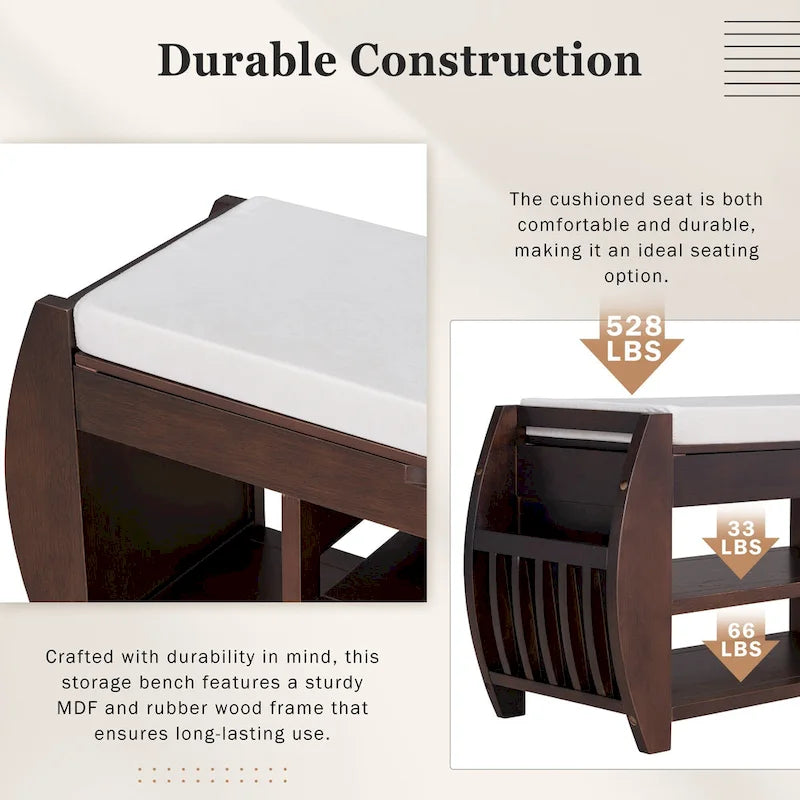 Banc de rangement multifonctionnel avec coussin et panneau latéral courbé pour l'entrée et le salon