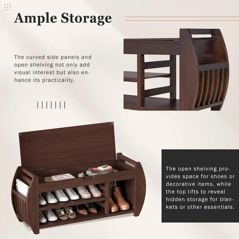 Banc de rangement multifonctionnel avec coussin et panneau latéral courbé pour l'entrée et le salon