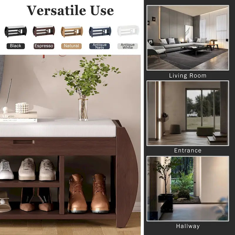 Banc de rangement multifonctionnel avec coussin et panneau latéral courbé pour l'entrée et le salon