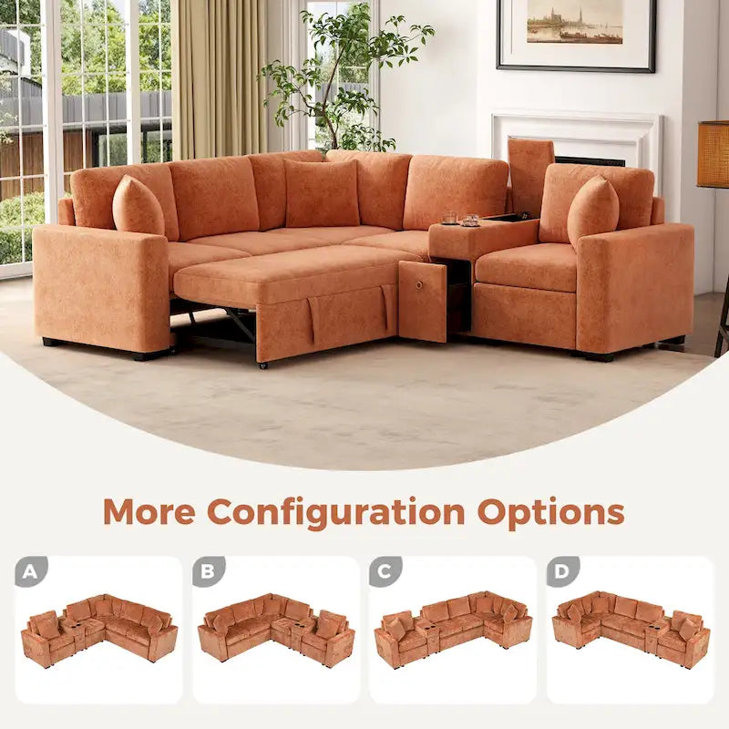 Canapé-lit d'angle en chenille en forme de L 120,5" avec rangement et porte-gobelets