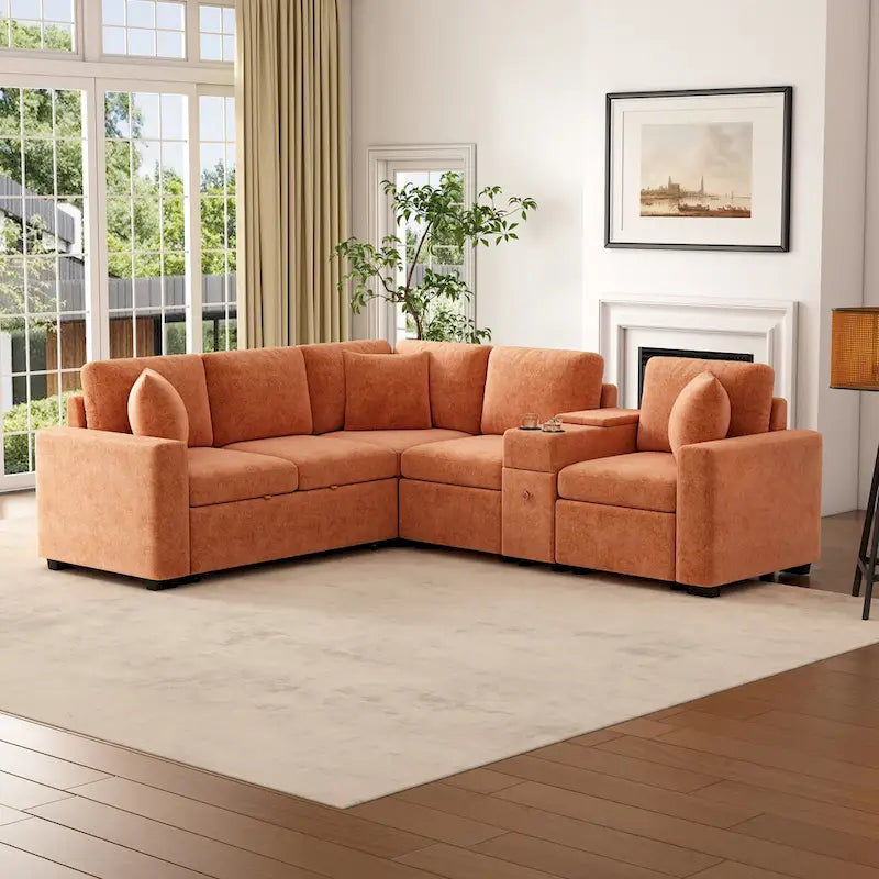 Canapé-lit d'angle en chenille en forme de L 120,5" avec rangement et porte-gobelets