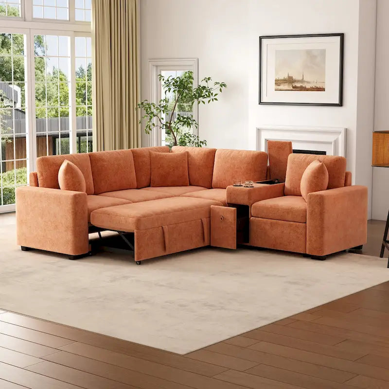 Canapé-lit d'angle en chenille en forme de L 120,5" avec rangement et porte-gobelets