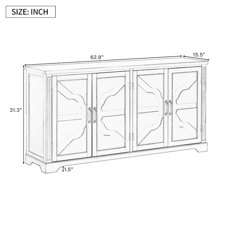 Buffet en bois de style campagnard américain avec portes en pin et poignées en métal, idéal pour le salon et la salle à manger.