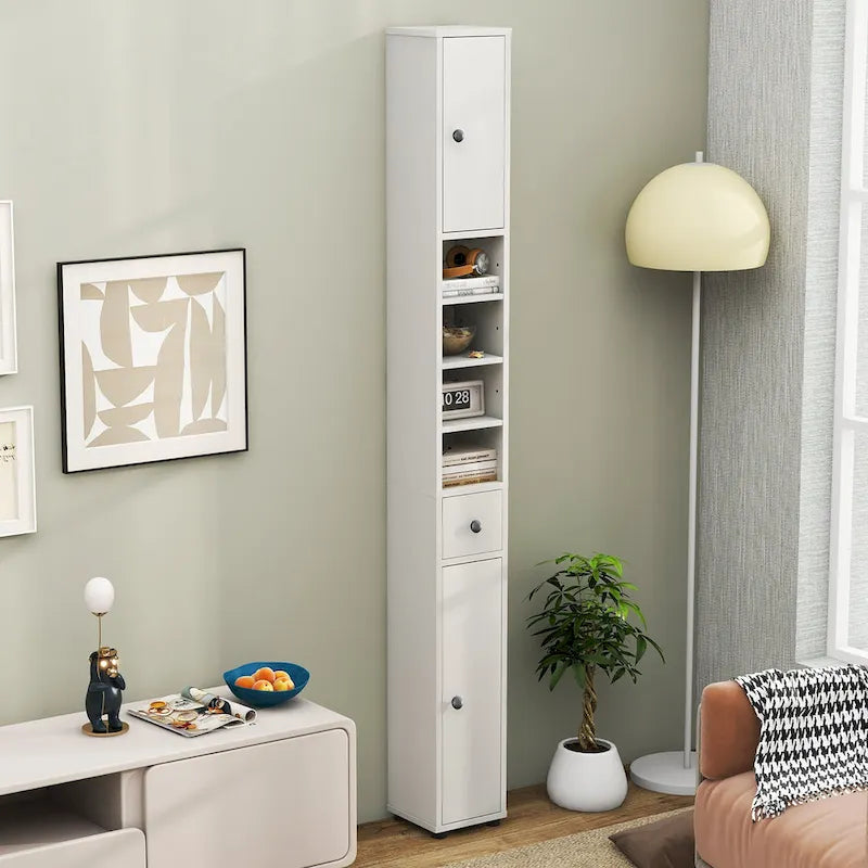 Meuble de rangement haut et mince pour salle de bain, armoire à linge avec tiroirs et