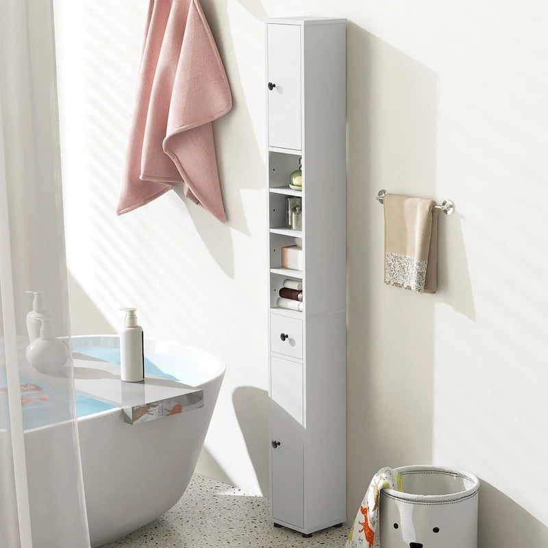 Meuble de rangement haut et mince pour salle de bain, armoire à linge avec tiroirs et