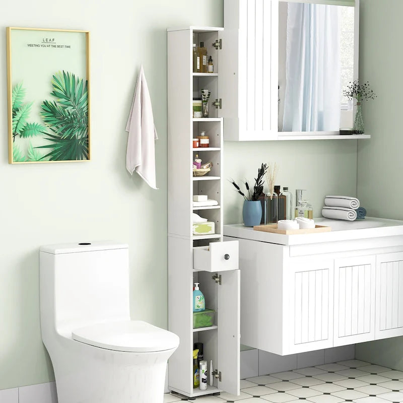 Meuble de rangement haut et mince pour salle de bain, armoire à linge avec tiroirs et