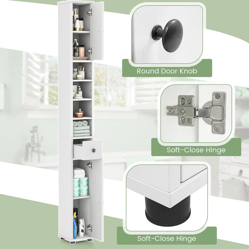 Meuble de rangement haut et mince pour salle de bain, armoire à linge avec tiroirs et