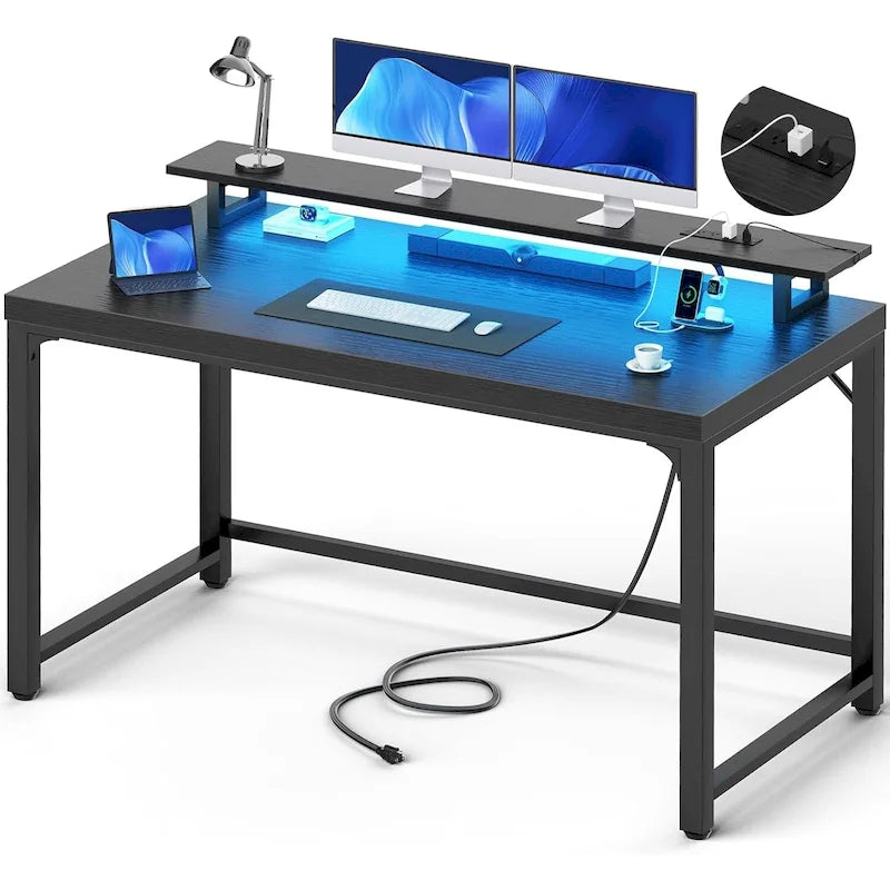 Bureau d'ordinateur 55 pouces avec prise et lumière LED, bureau de travail à domicile avec plateau de 3,8 cm d'épaisseur, table d'écriture, d'étude et de jeu