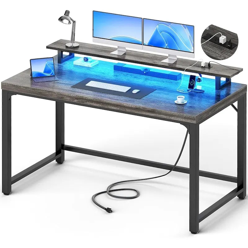 Bureau d'ordinateur 55 pouces avec prise et lumière LED, bureau de travail à domicile avec plateau de 3,8 cm d'épaisseur, table d'écriture, d'étude et de jeu