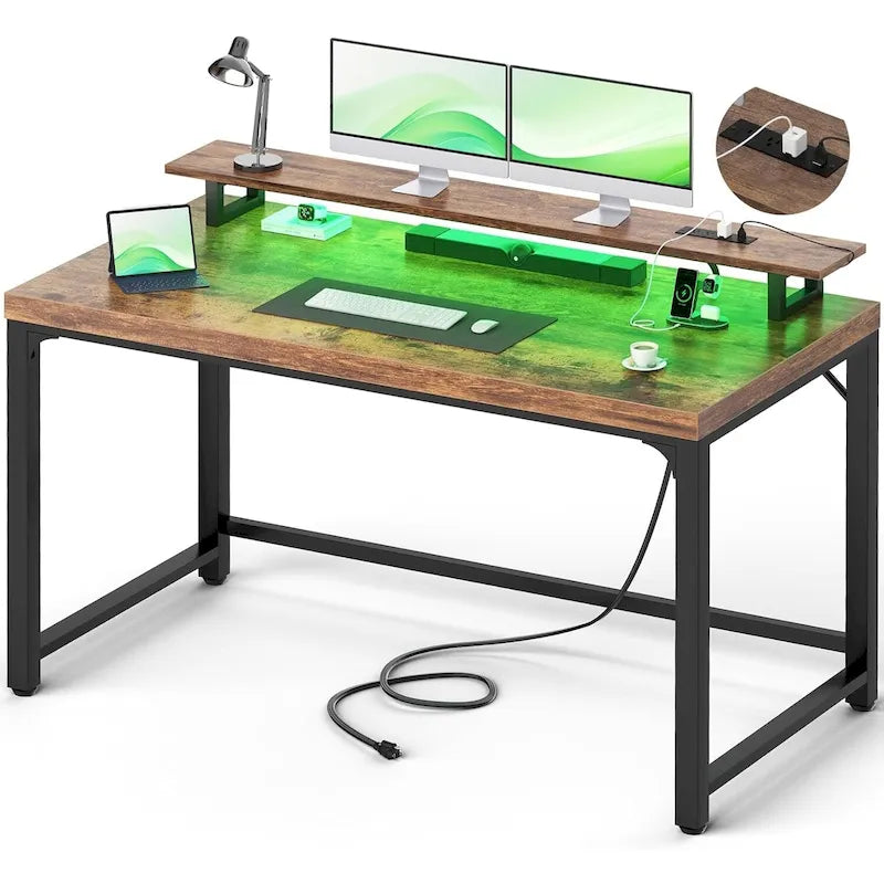 Bureau d'ordinateur 55 pouces avec prise et lumière LED, bureau de travail à domicile avec plateau de 3,8 cm d'épaisseur, table d'écriture, d'étude et de jeu