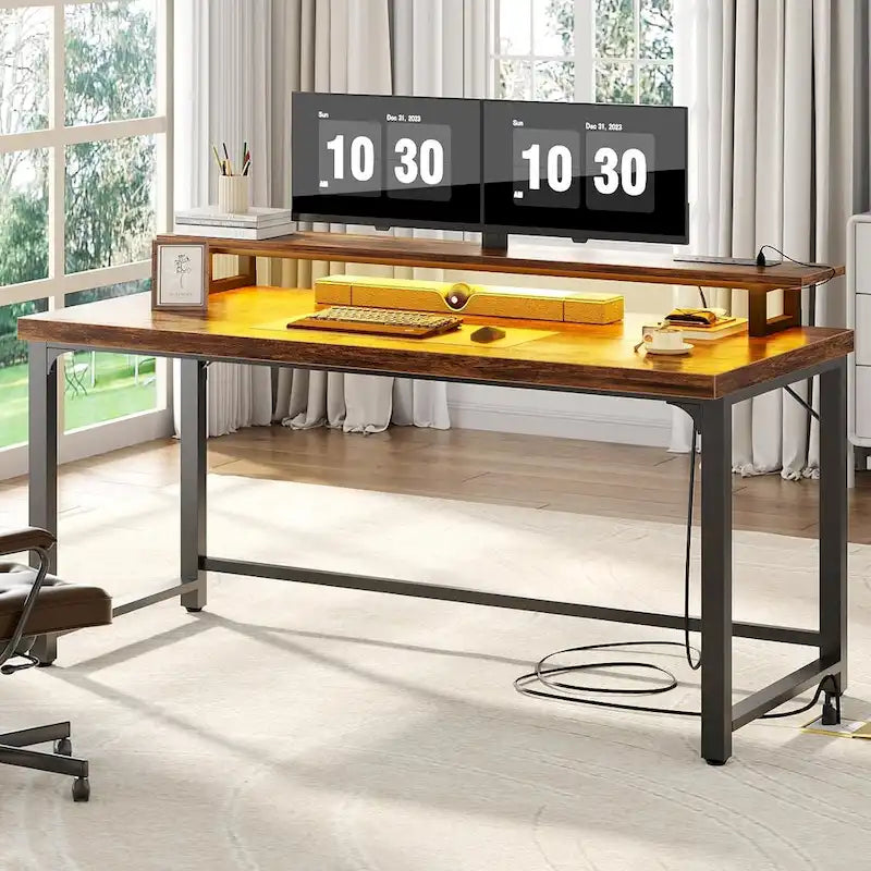 Bureau d'ordinateur 55 pouces avec prise et lumière LED, bureau de travail à domicile avec plateau de 3,8 cm d'épaisseur, table d'écriture, d'étude et de jeu