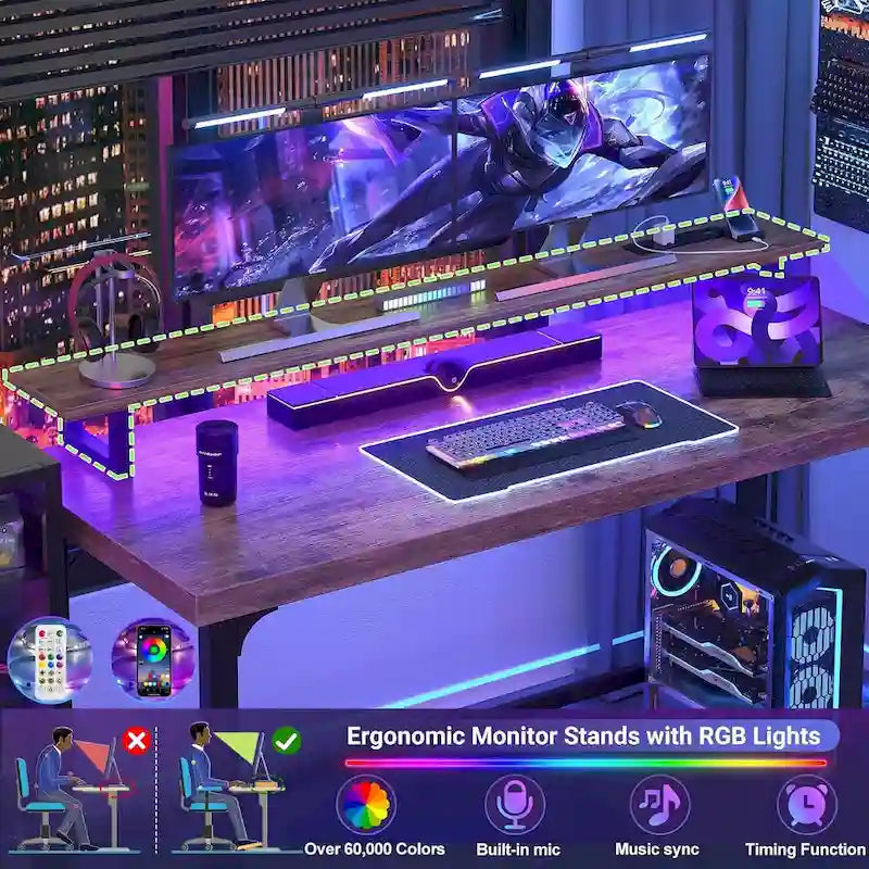 Bureau d'ordinateur 55 pouces avec prise et lumière LED, bureau de travail à domicile avec plateau de 3,8 cm d'épaisseur, table d'écriture, d'étude et de jeu