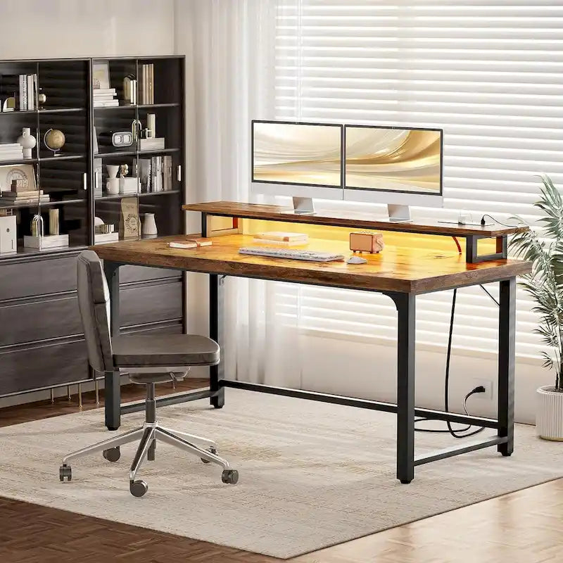 Bureau d'ordinateur 55 pouces avec prise et lumière LED, bureau de travail à domicile avec plateau de 3,8 cm d'épaisseur, table d'écriture, d'étude et de jeu