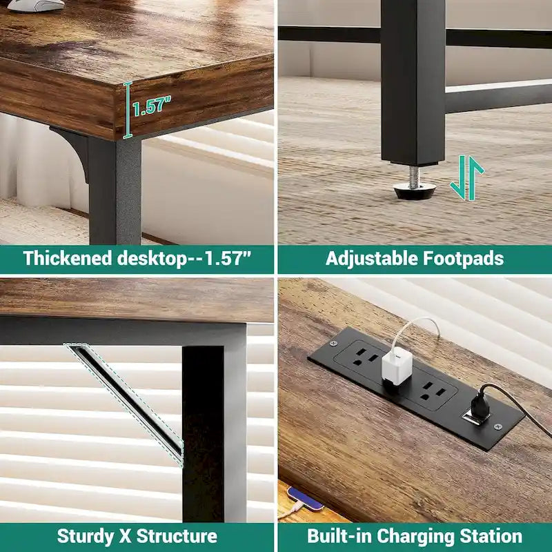 Bureau d'ordinateur 55 pouces avec prise et lumière LED, bureau de travail à domicile avec plateau de 3,8 cm d'épaisseur, table d'écriture, d'étude et de jeu