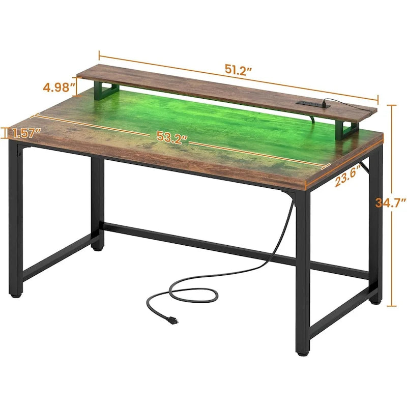Bureau d'ordinateur 55 pouces avec prise et lumière LED, bureau de travail à domicile avec plateau de 3,8 cm d'épaisseur, table d'écriture, d'étude et de jeu