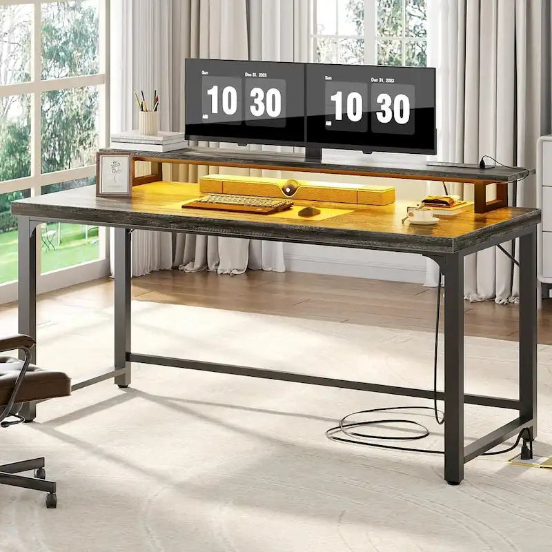 Bureau d'ordinateur 55 pouces avec prise et lumière LED, bureau de travail à domicile avec plateau de 3,8 cm d'épaisseur, table d'écriture, d'étude et de jeu