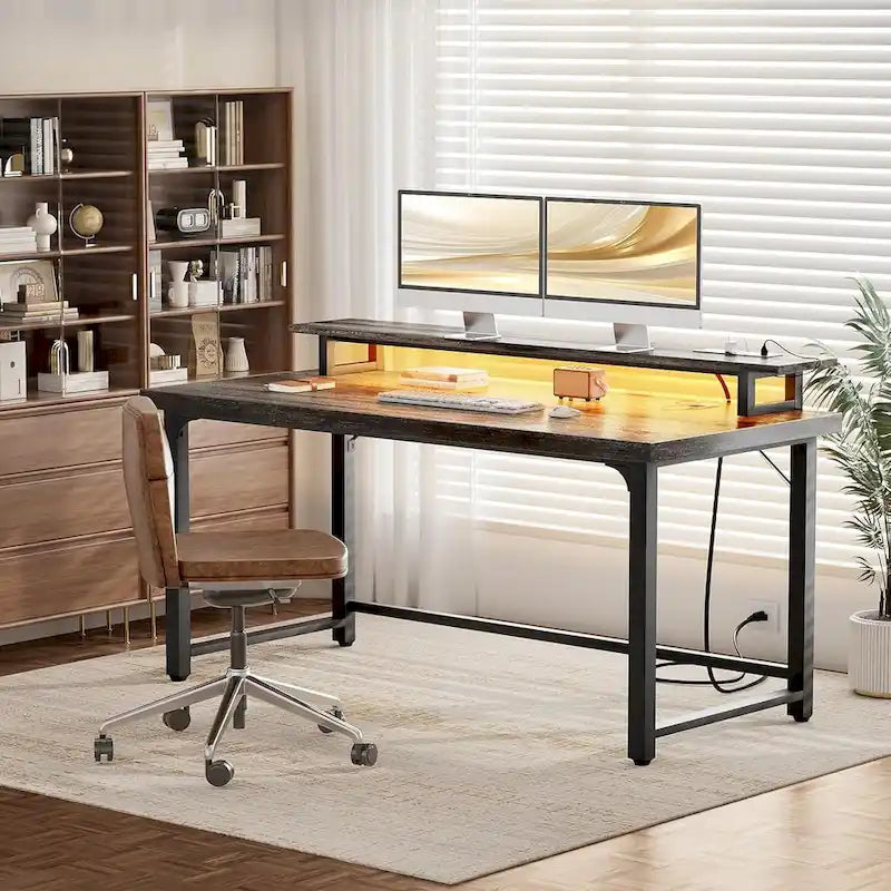 Bureau d'ordinateur 55 pouces avec prise et lumière LED, bureau de travail à domicile avec plateau de 3,8 cm d'épaisseur, table d'écriture, d'étude et de jeu