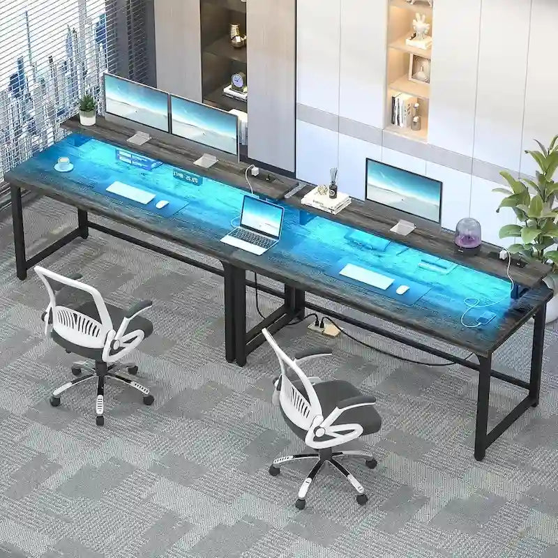 Bureau d'ordinateur 55 pouces avec prise et lumière LED, bureau de travail à domicile avec plateau de 3,8 cm d'épaisseur, table d'écriture, d'étude et de jeu