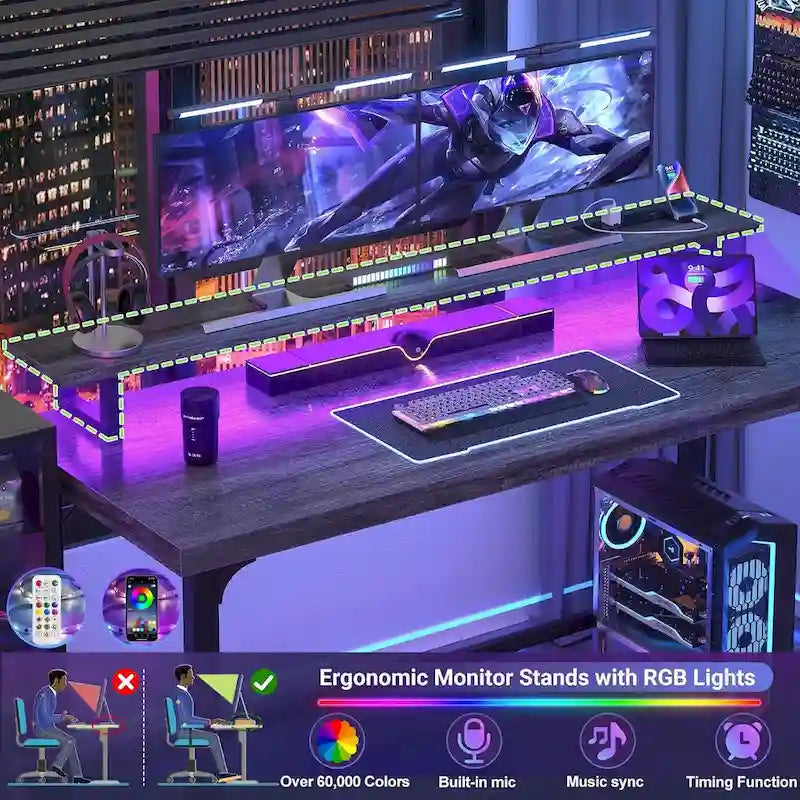 Bureau d'ordinateur 55 pouces avec prise et lumière LED, bureau de travail à domicile avec plateau de 3,8 cm d'épaisseur, table d'écriture, d'étude et de jeu