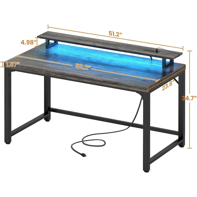 Bureau d'ordinateur 55 pouces avec prise et lumière LED, bureau de travail à domicile avec plateau de 3,8 cm d'épaisseur, table d'écriture, d'étude et de jeu
