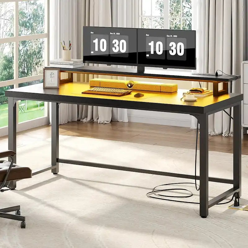 Bureau d'ordinateur 55 pouces avec prise et lumière LED, bureau de travail à domicile avec plateau de 3,8 cm d'épaisseur, table d'écriture, d'étude et de jeu