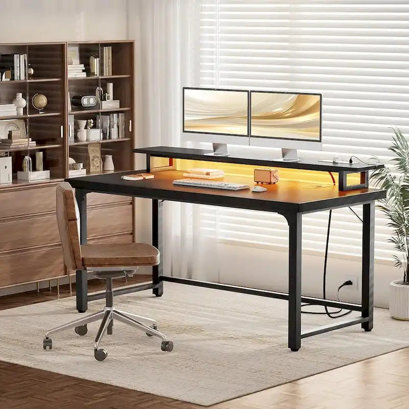 Bureau d'ordinateur 55 pouces avec prise et lumière LED, bureau de travail à domicile avec plateau de 3,8 cm d'épaisseur, table d'écriture, d'étude et de jeu
