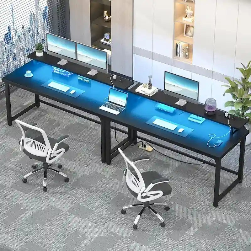 Bureau d'ordinateur 55 pouces avec prise et lumière LED, bureau de travail à domicile avec plateau de 3,8 cm d'épaisseur, table d'écriture, d'étude et de jeu