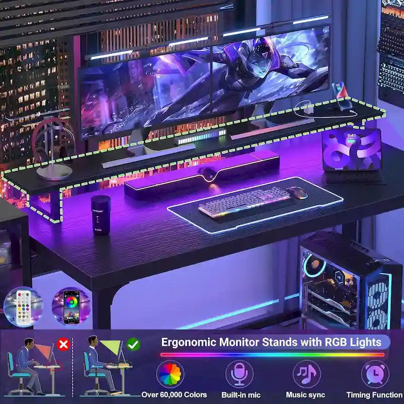 Bureau d'ordinateur 55 pouces avec prise et lumière LED, bureau de travail à domicile avec plateau de 3,8 cm d'épaisseur, table d'écriture, d'étude et de jeu
