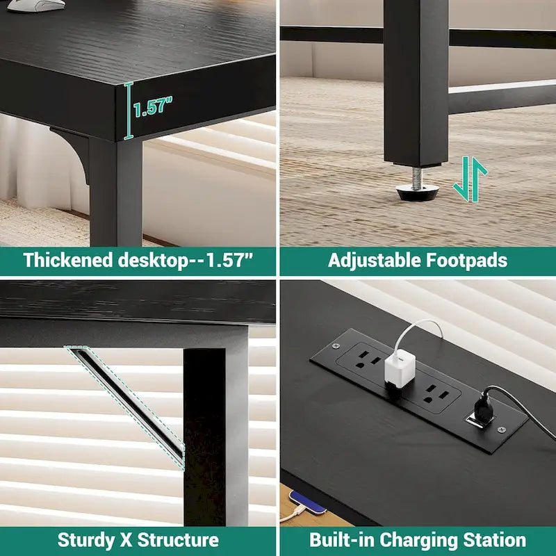 Bureau d'ordinateur 55 pouces avec prise et lumière LED, bureau de travail à domicile avec plateau de 3,8 cm d'épaisseur, table d'écriture, d'étude et de jeu